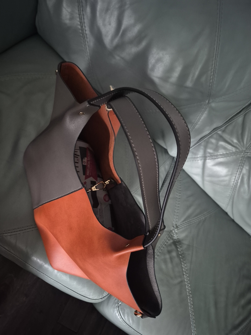 Two-Tone Shoulder Tote in Gray and Rust - Picture 2 of 2